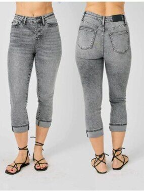 Judy Blue Women Full Size Button Fly High Waist Cuffed Capris 24 Gray Denim 23